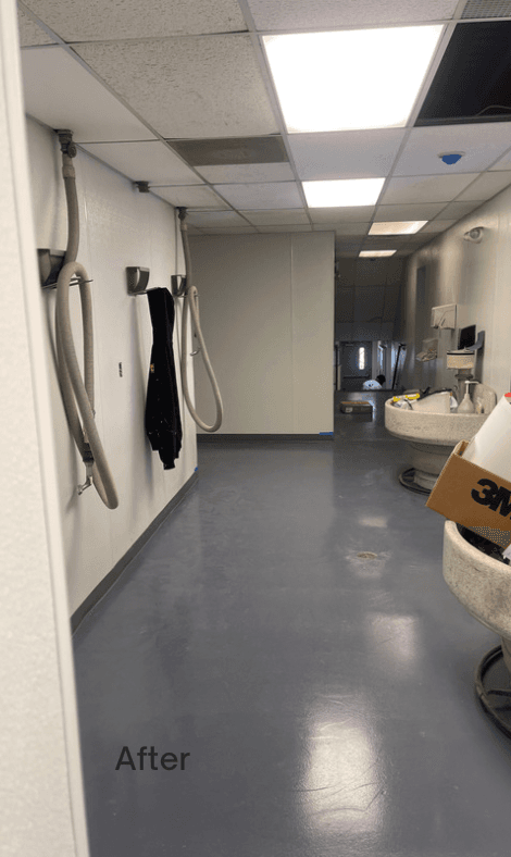 Restroom floor zone after refresh with durable finish and cleaner transitions.