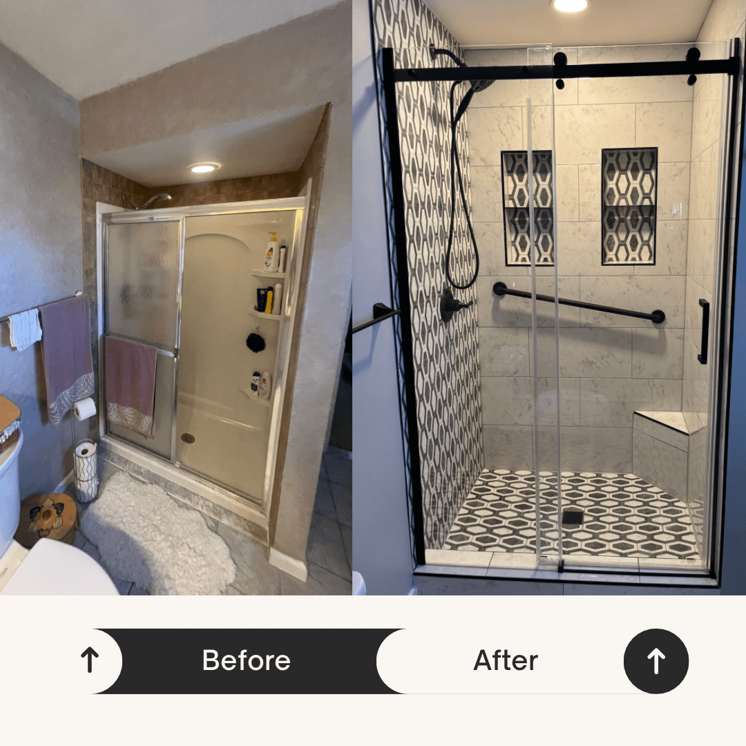 Second before and after layout view for the same beige bathroom refresh direction.