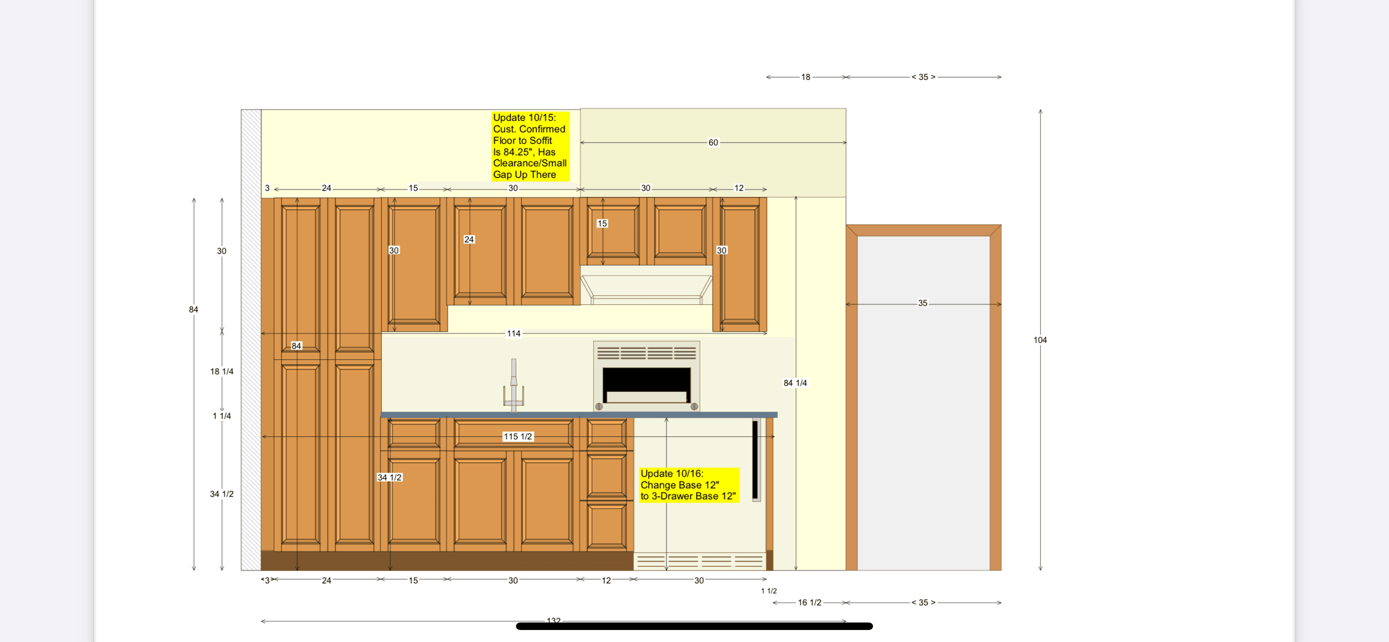 Cabinet layout diagram used to coordinate the kitchen plan.