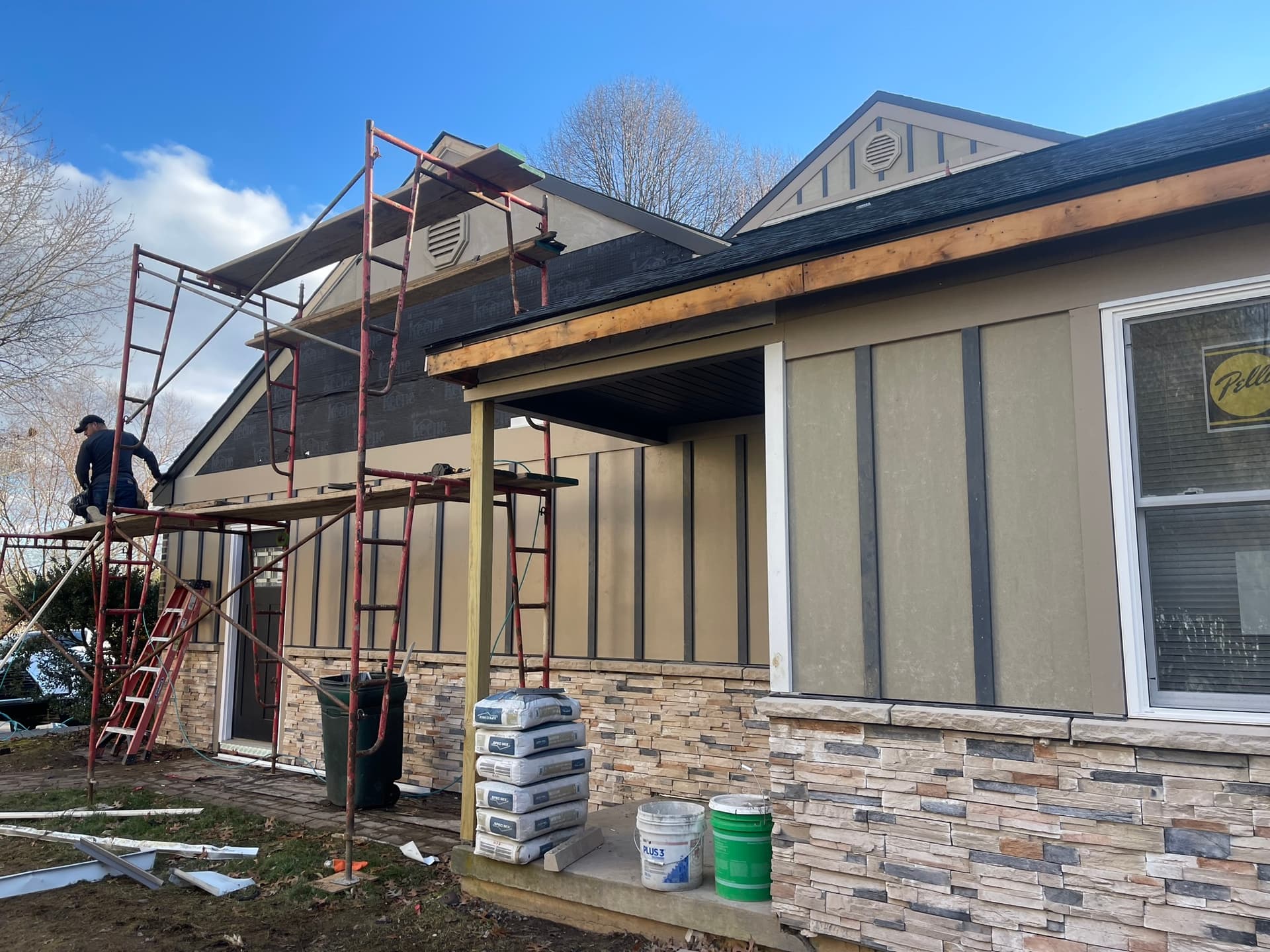 Interior reconstruction work after fire-related damage.