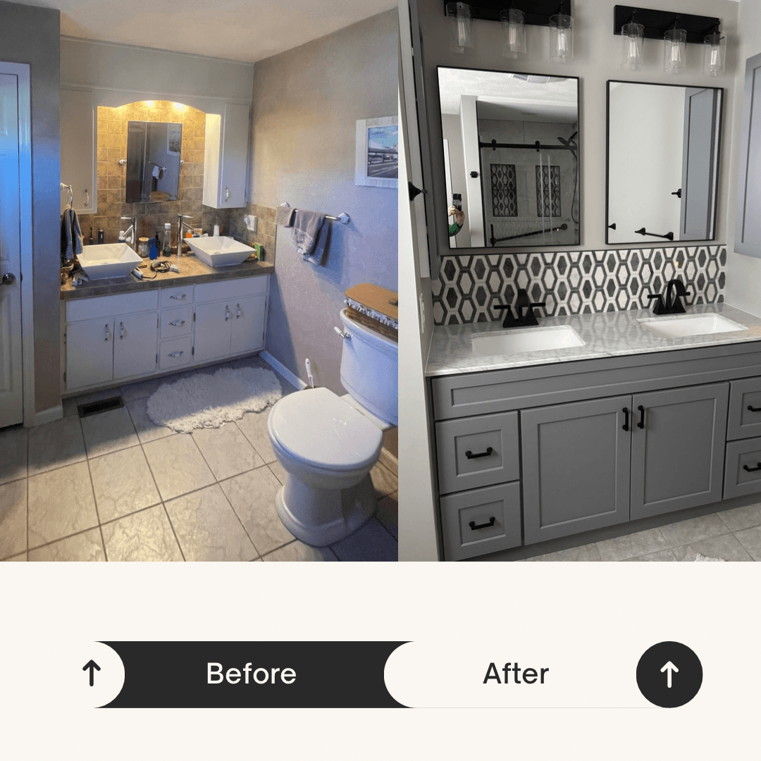 Before and after layout board for a beige neutral bathroom refresh showing planned finishes and sight lines.