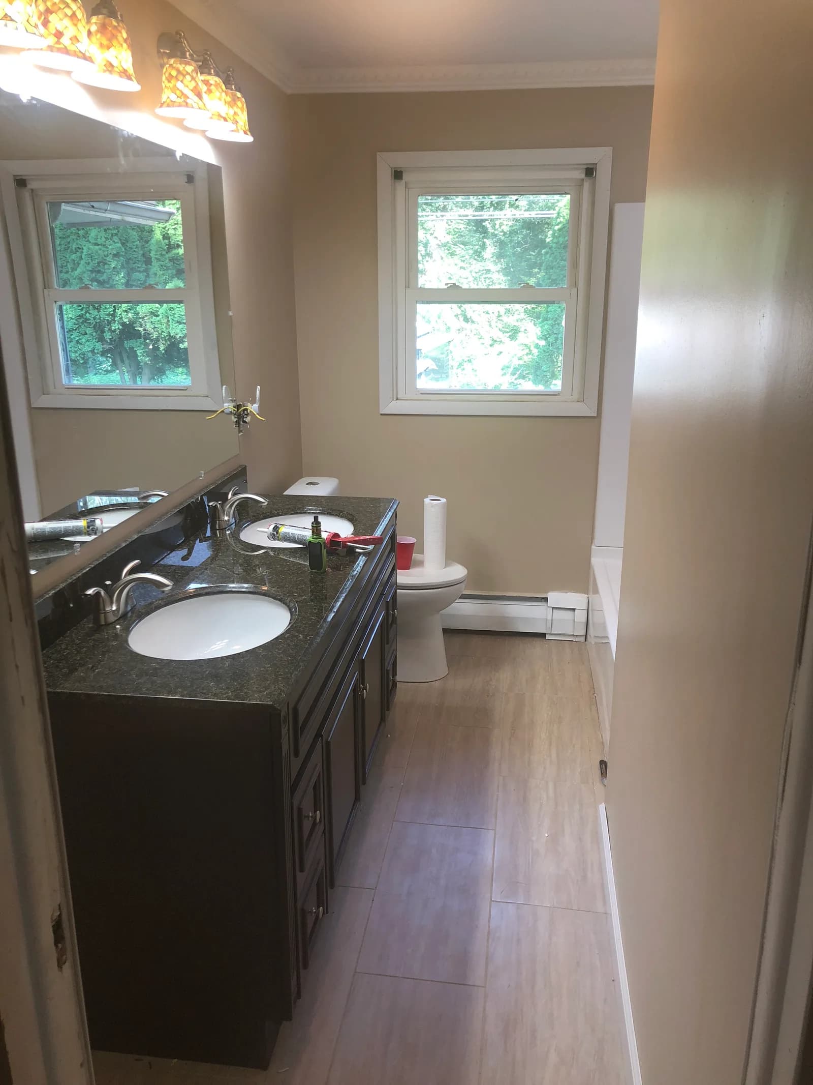 Bathroom with a dark double-sink vanity, a window, light plank floor, toilet, and bathing area.
