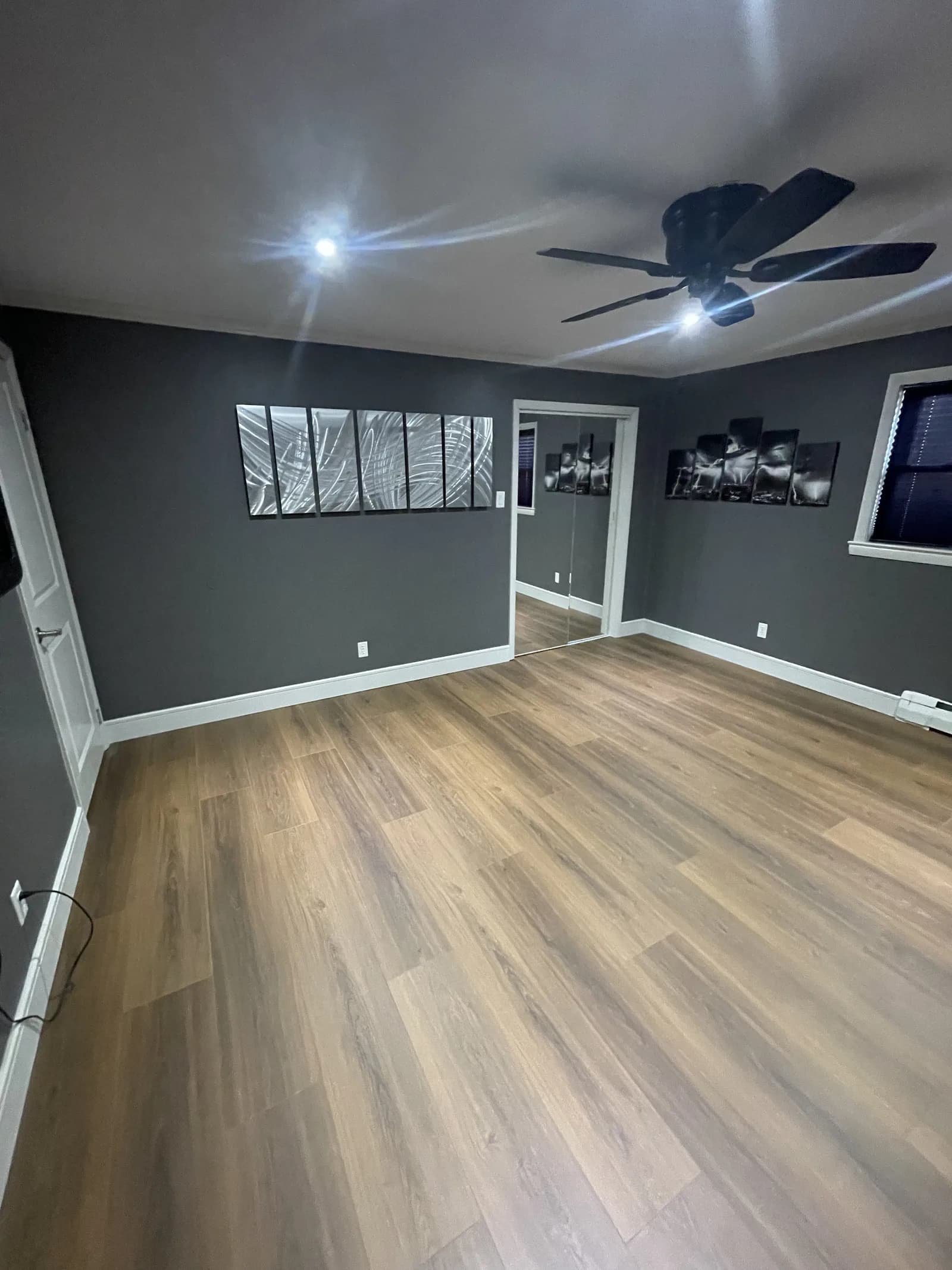 Bedroom with dark walls, white trim, wood-look flooring, and a dark ceiling fan.